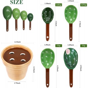 5 Pieces Measuring Spoons Set/Ceramics Spoons and Measuring Base Cup/for Dry and Liquid Ingredient, Cute Cactus Shape (Solid color base)
