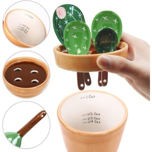 5 Pieces Measuring Spoons Set/Ceramics Spoons and Measuring Base Cup/for Dry and Liquid Ingredient, Cute Cactus Shape (Solid color base)