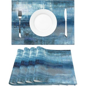 Modern Art Placemats Set of 4 Blue and Grey Abstract Painting Place Mats Washable Linen Placemat for Kitchen Dining Table Home Party Dinner Decor 18x12 Inches