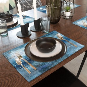 Modern Art Placemats Set of 4 Blue and Grey Abstract Painting Place Mats Washable Linen Placemat for Kitchen Dining Table Home Party Dinner Decor 18x12 Inches