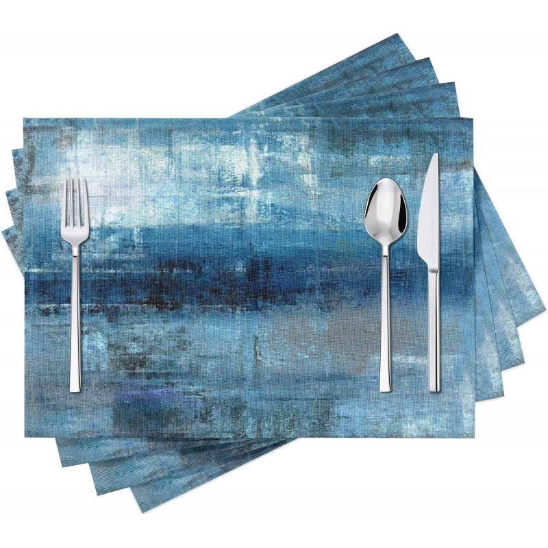 Modern Art Placemats Set of 4 Blue and Grey Abstract Painting Place Mats Washable Linen Placemat for Kitchen Dining Table Home Party Dinner Decor 18x12 Inches
