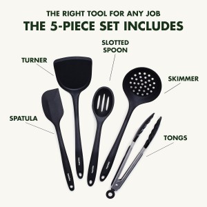 GreenPan 5 Piece Cooking Utensil Set, Flexible Nonstick Silicone, Stain-Free, Tongs, Turner, Spatula, Skimmer, and Slotted Spoon, Black