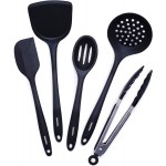 GreenPan 5 Piece Cooking Utensil Set, Flexible Nonstick Silicone, Stain-Free, Tongs, Turner, Spatula, Skimmer, and Slotted Spoon, Black