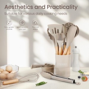 26 Pcs Silicone Cooking Utensils Set with Holder, NCUE BPA Free Kitchen Utensils Set for Cooking, 446°F Spatulas Silicone Heat Resistant Wooden Handle Spoon Tongs Non-stick Kitchen Gadgets (Khaki)