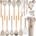 26 Pcs Silicone Cooking Utensils Set with Holder, NCUE BPA Free Kitchen Utensils Set for Cooking, 446°F Spatulas Silicone Heat Resistant Wooden Handle Spoon Tongs Non-stick Kitchen Gadgets (Khaki)
