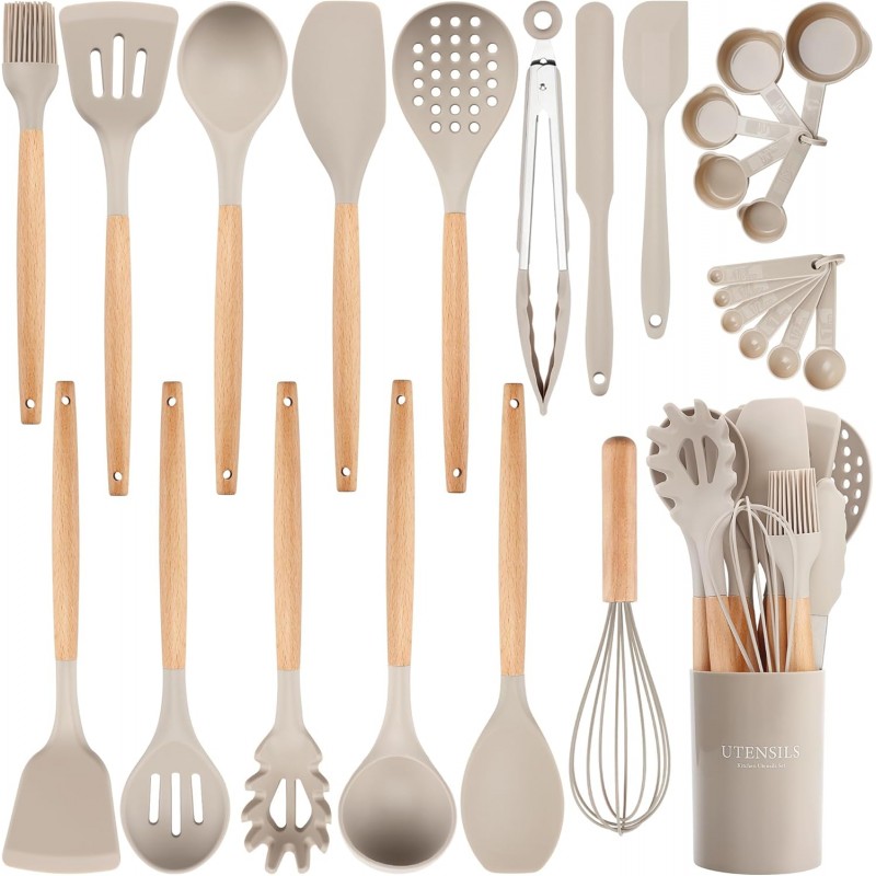 26 Pcs Silicone Cooking Utensils Set with Holder, NCUE BPA Free Kitchen Utensils Set for Cooking, 446°F Spatulas Silicone Heat Resistant Wooden Handle Spoon Tongs Non-stick Kitchen Gadgets (Khaki)