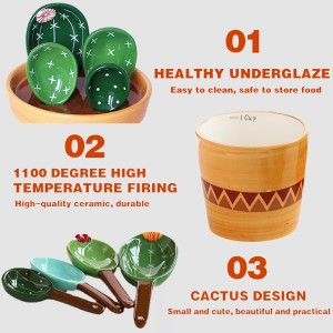 Cactus Measuring Spoons Set in Pot, Cute Ceramic Measuring Spoons and Cups, Kitchen Cacti Spoon with Holder, Baking Measuring Cups Ornaments Gift