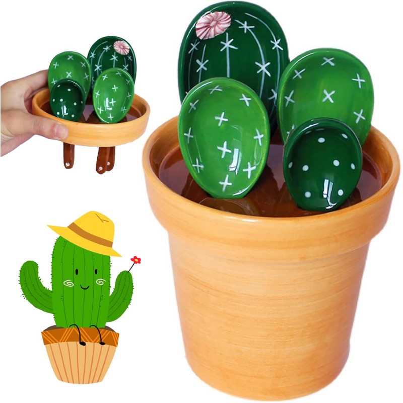Cactus Measuring Spoons Set in Pot, Cute Ceramic Measuring Spoons and Cups, Kitchen Cacti Spoon with Holder, Baking Measuring Cups Ornaments Gift