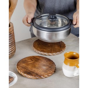 Wooden Trivets for Hot Dishes, Pots, Teapot and Pans (Set of 2) | 8'' Round Wood Dining Decorative Trivets, Kitchen Countertop Decor for Table, Christmas Thanksgiving Large Coasters Designer Edge