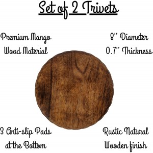 Wooden Trivets for Hot Dishes, Pots, Teapot and Pans (Set of 2) | 8'' Round Wood Dining Decorative Trivets, Kitchen Countertop Decor for Table, Christmas Thanksgiving Large Coasters Designer Edge