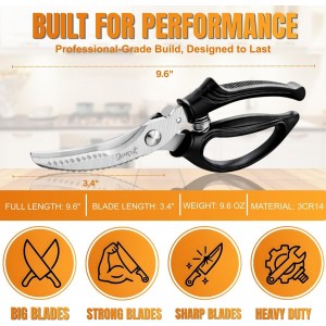 Poultry Shears, Kitchen Shears Heavy Duty for Food With Anti-Slip Handle & Safety Lock, Meat Scissors, Chicken, Lobster, Quail, Fish, Food Cutting Scissors, Bone Cutter - Spring Loaded