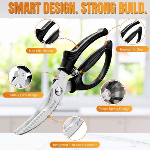 Poultry Shears, Kitchen Shears Heavy Duty for Food With Anti-Slip Handle & Safety Lock, Meat Scissors, Chicken, Lobster, Quail, Fish, Food Cutting Scissors, Bone Cutter - Spring Loaded