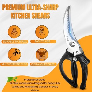 Poultry Shears, Kitchen Shears Heavy Duty for Food With Anti-Slip Handle & Safety Lock, Meat Scissors, Chicken, Lobster, Quail, Fish, Food Cutting Scissors, Bone Cutter - Spring Loaded