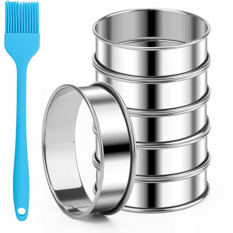 6 Pieces English Muffin Rings, 3.15 Inch Stainless Steel Crumpet Ring Double Rolled Tart Nonstick Metal Round Molds with Silicone Oil Brush