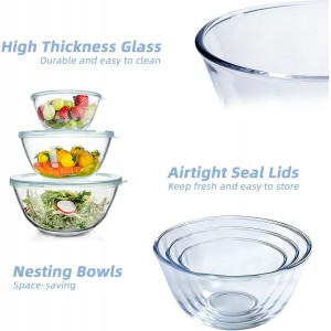 WhiteRhino Glass Mixing Bowls Glass Bowls with Lids Set(4.5QT,2.7QT, 1.1QT),Large Salad Bowls,glass mixing bowl Space-Saving Nesting Storage bowls for Cooking,Baking,Prepping,Dishwasher Safe