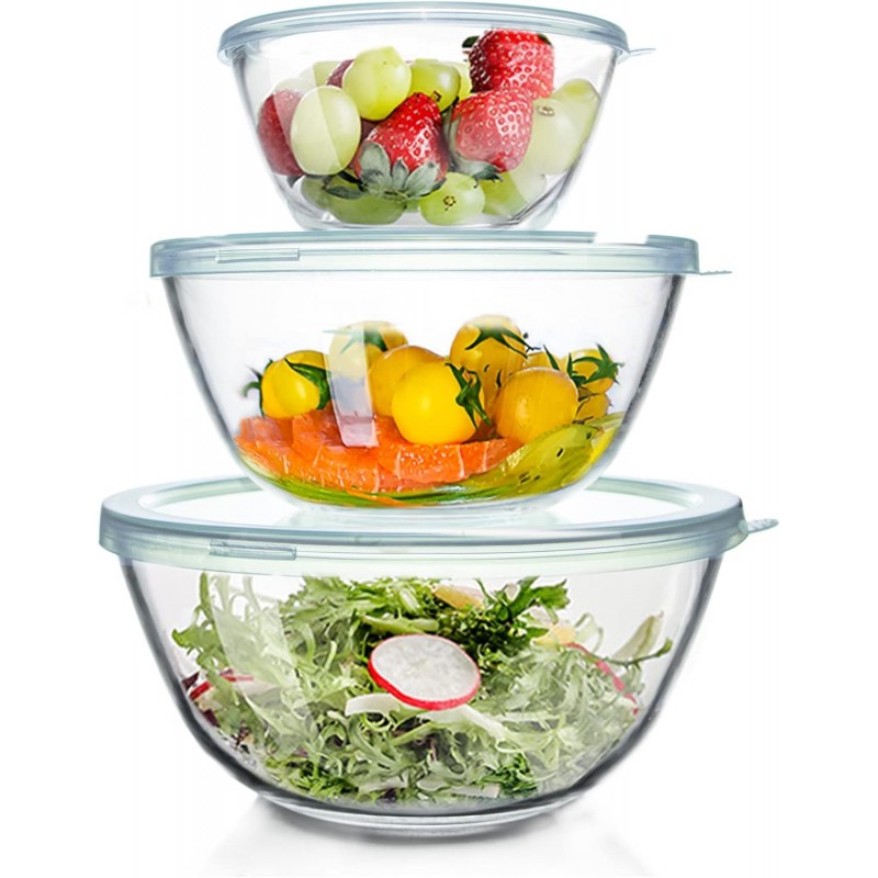 WhiteRhino Glass Mixing Bowls Glass Bowls with Lids Set(4.5QT,2.7QT, 1.1QT),Large Salad Bowls,glass mixing bowl Space-Saving Nesting Storage bowls for Cooking,Baking,Prepping,Dishwasher Safe