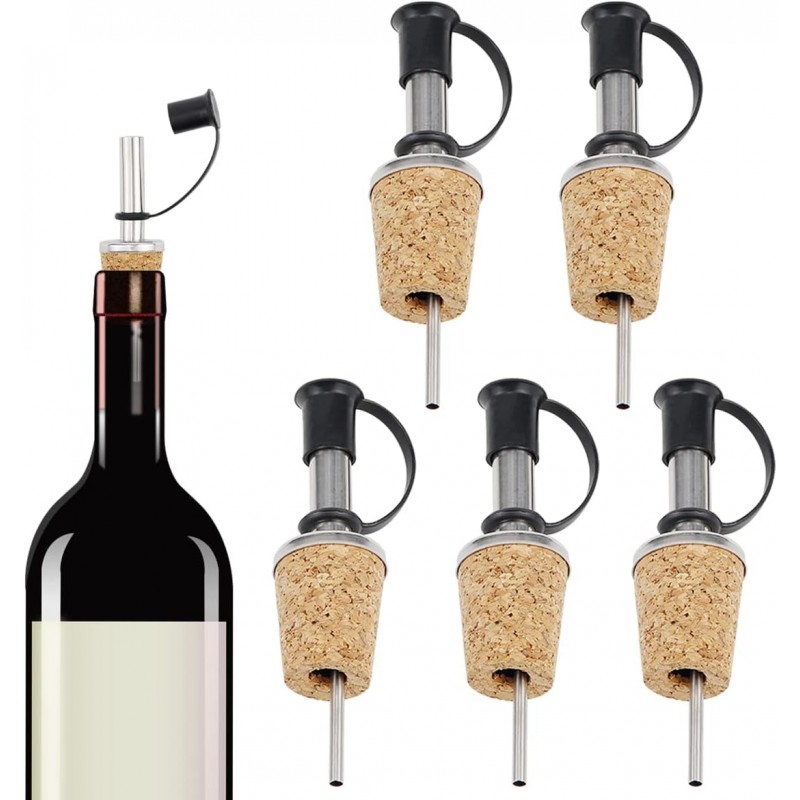 DOERDO 5pcs Stainless Steel Wine Pourers Wine Liquor Bottle Cork Stopper for Wine Olive Oil Coffee Syrup Vinegar Bottles