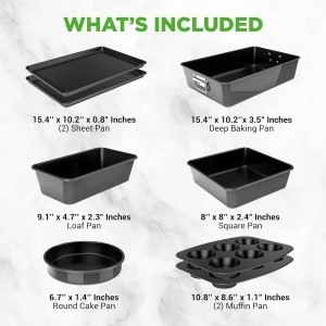 NutriChef 8-Piece Stackable Nonstick Bakeware Set - Premium Steel Baking Pans Set - Includes Round Cake Pan, 6-Cup Muffin Pans, Wide/Square Brownie & Loaf Pans, Cookie Sheet, & Roaster Pan (Black)