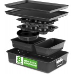 NutriChef 8-Piece Stackable Nonstick Bakeware Set - Premium Steel Baking Pans Set - Includes Round Cake Pan, 6-Cup Muffin Pans, Wide/Square Brownie & Loaf Pans, Cookie Sheet, & Roaster Pan (Black)