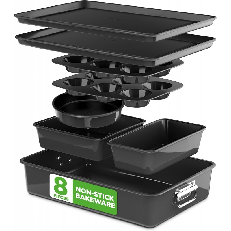 NutriChef 8-Piece Stackable Nonstick Bakeware Set - Premium Steel Baking Pans Set - Includes Round Cake Pan, 6-Cup Muffin Pans, Wide/Square Brownie & Loaf Pans, Cookie Sheet, & Roaster Pan (Black)