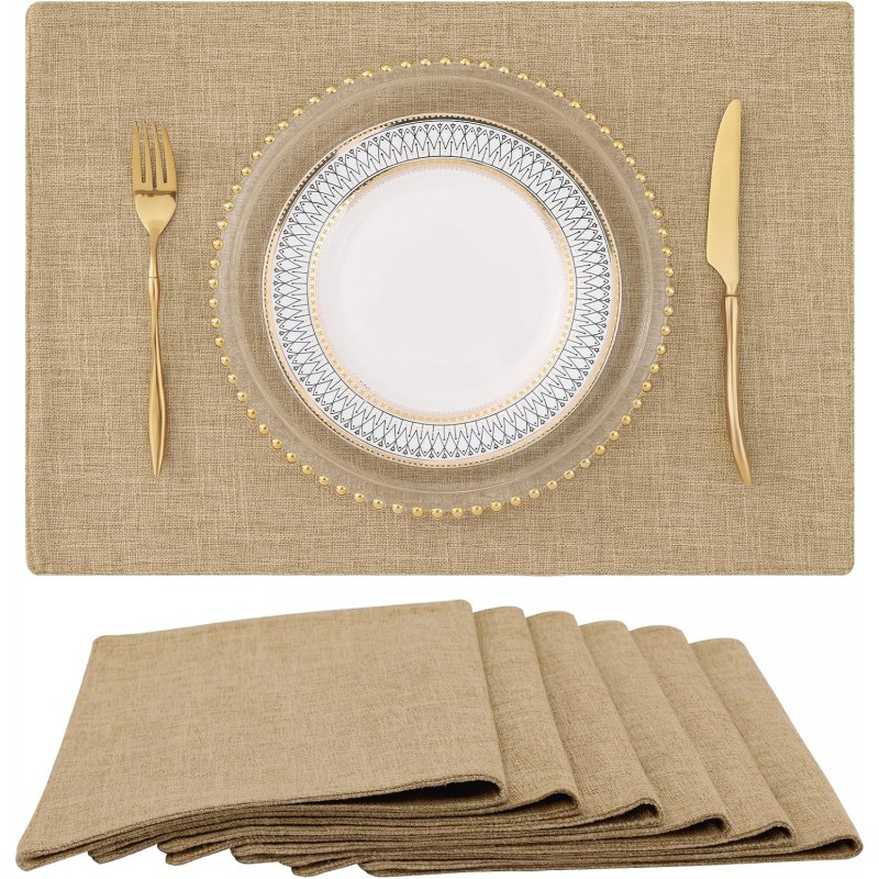 homing Cotton Linen Placemats Set of 6, Cloth Washable Farmhouse Dining Table Mats for Indoor, Outdoor, Easter, Easy to Clean, Linen, 13 x 19 Inch