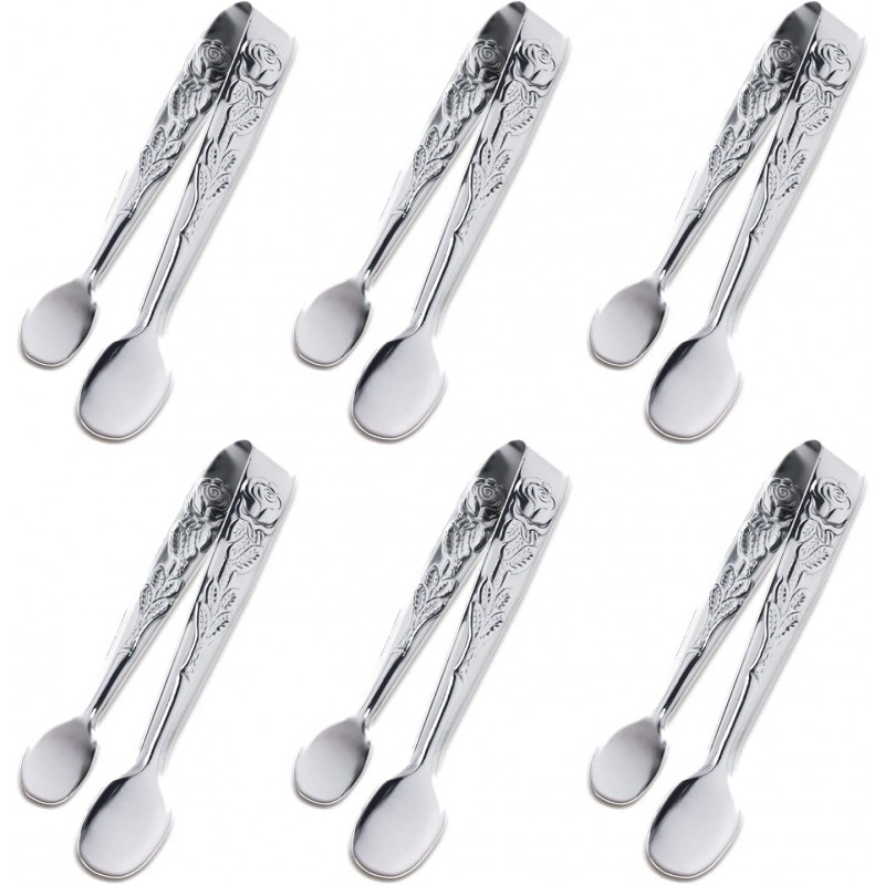 6PCS Mini Serving Tongs, 4Inch Rose Stainless Steel Sugar Cube Tongs, Sliver Small Ice Tong for Tea and Coffee Party, Appetizers, Desserts by Sunenlyst (6PCS Silver)