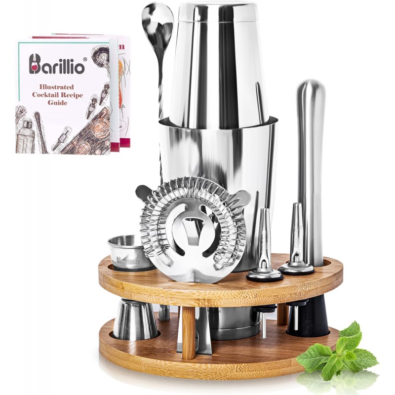 Barillio Elite Mixology Bartender Kit with Stand - Cocktail Shaker Set with Bamboo Stand, Boston Drink Shaker, Mojito Muddler, and Drink Mixer Spoon - 9-Piece Bar Tools Set - Bar Accessories for Home