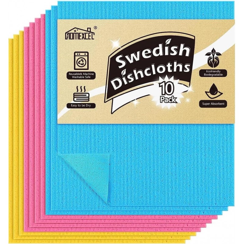 HOMEXCEL Swedish Dishcloths for Kitchen 10 Pack, Sponge Dish Cloth for Counters & Washing Dishes, Reusable and Absorbent Paper Towels, 3 Colors Assorted