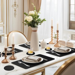 Vinyl Placemats Set of 6, Waterproof Faux Leather Heat Resistant Kitchen Place Mats, Wipeable Dining Table Place Mats and Coasters for Kitchen, Dining, Decor, Outdoor (Black)