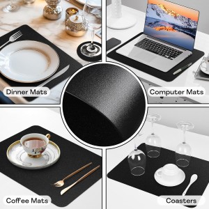 Vinyl Placemats Set of 6, Waterproof Faux Leather Heat Resistant Kitchen Place Mats, Wipeable Dining Table Place Mats and Coasters for Kitchen, Dining, Decor, Outdoor (Black)