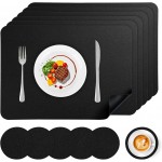 Vinyl Placemats Set of 6, Waterproof Faux Leather Heat Resistant Kitchen Place Mats, Wipeable Dining Table Place Mats and Coasters for Kitchen, Dining, Decor, Outdoor (Black)