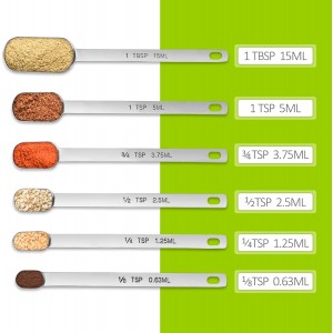 Long Handle Measuring Spoons Set of 6, Stainless Steel Measure Teaspoons, Metal Rectangular Bowl Tablespoon