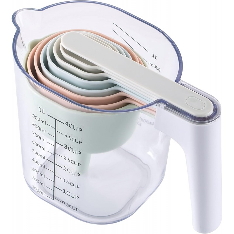 COOK WITH COLOR Measuring Cup Set - 9 PC. Nesting Stackable Liquid Measure Cup, Dry Measuring Cups and Spoons with Funnel and Scraper (Pastel)