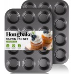 HONGBAKE Muffin Pan for Baking, Nonstick Cupcake Tin 12 Cup, 2 Pack Cup Cake Tray, Premium Cheesecake Pans, Dishwasher Safe - Dark Grey