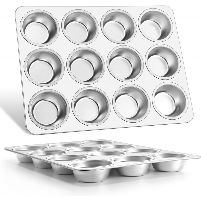 E-far Muffin Pan 12-Cup, Set of 2, Stainless Steel Cupcake Pan Metal Muffin Baking Tins for Oven, Regular Size & Easy Clean, Non-toxic & Dishwasher Safe