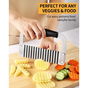 Crinkle Cutter Stainless Steel Potato Slicer Heavy Duty Wavy Crinkle Cutting Chopping Tools with Wooden Handle for Carrot Veggies (1, Black)