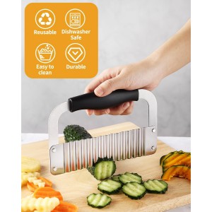 Crinkle Cutter Stainless Steel Potato Slicer Heavy Duty Wavy Crinkle Cutting Chopping Tools with Wooden Handle for Carrot Veggies (1, Black)