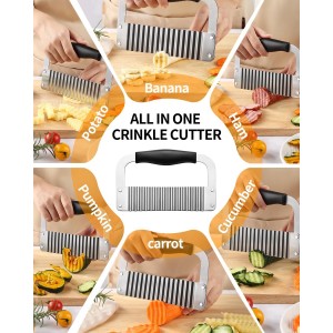Crinkle Cutter Stainless Steel Potato Slicer Heavy Duty Wavy Crinkle Cutting Chopping Tools with Wooden Handle for Carrot Veggies (1, Black)