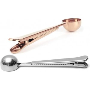 Stainless Steel Coffee Scoop Clip, 2PCS Stainless Steel Coffee Measuring Spoon with Sealed Bag Holder for Tea, Coffee Beans, Protein Powder, Instant Drink (Silver, Gold)