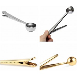 Stainless Steel Coffee Scoop Clip, 2PCS Stainless Steel Coffee Measuring Spoon with Sealed Bag Holder for Tea, Coffee Beans, Protein Powder, Instant Drink (Silver, Gold)