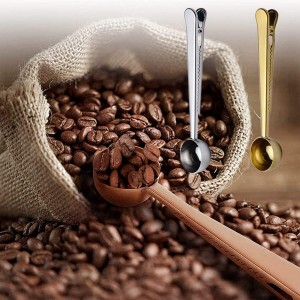 Stainless Steel Coffee Scoop Clip, 2PCS Stainless Steel Coffee Measuring Spoon with Sealed Bag Holder for Tea, Coffee Beans, Protein Powder, Instant Drink (Silver, Gold)