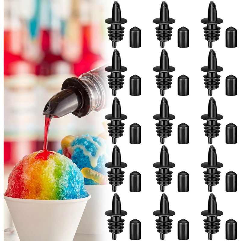 30 Pcs Bottle Pourers Syrup Pour Spouts Including Snow Cone Syrup Alcohol Liquor Bottle Pourers and Rubber Dust Cap Covers Dispenser Accessories