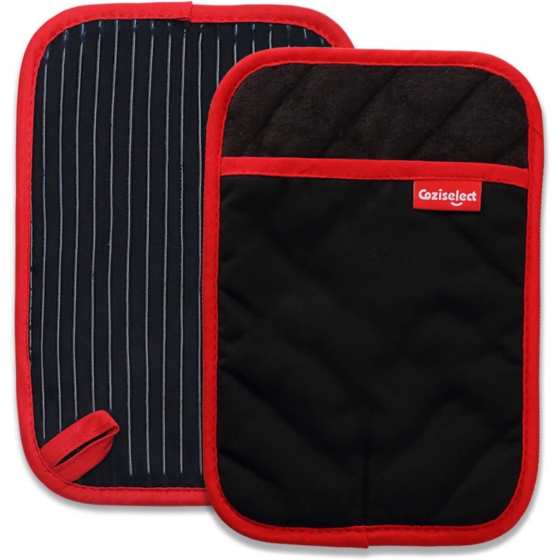 Hot Pads for Kitchen, Potholders for Kitchen Heat Resistant, Heavy Duty Pot Holders with Pockets Non Slip, Pure Cotton and Terrycloth Lining Pot Holders Set of 2, Black