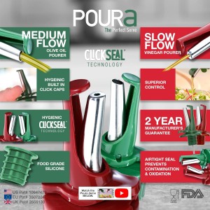 Poura Oil and Vinegar Dispenser Spouts | Airtight ClickSeal BPA Free Bottle Pourers Keeps Oil Fresh with Built-in Caps | Use Your Own Bottles as Vinegar Dispensers | Dishwasher Safe