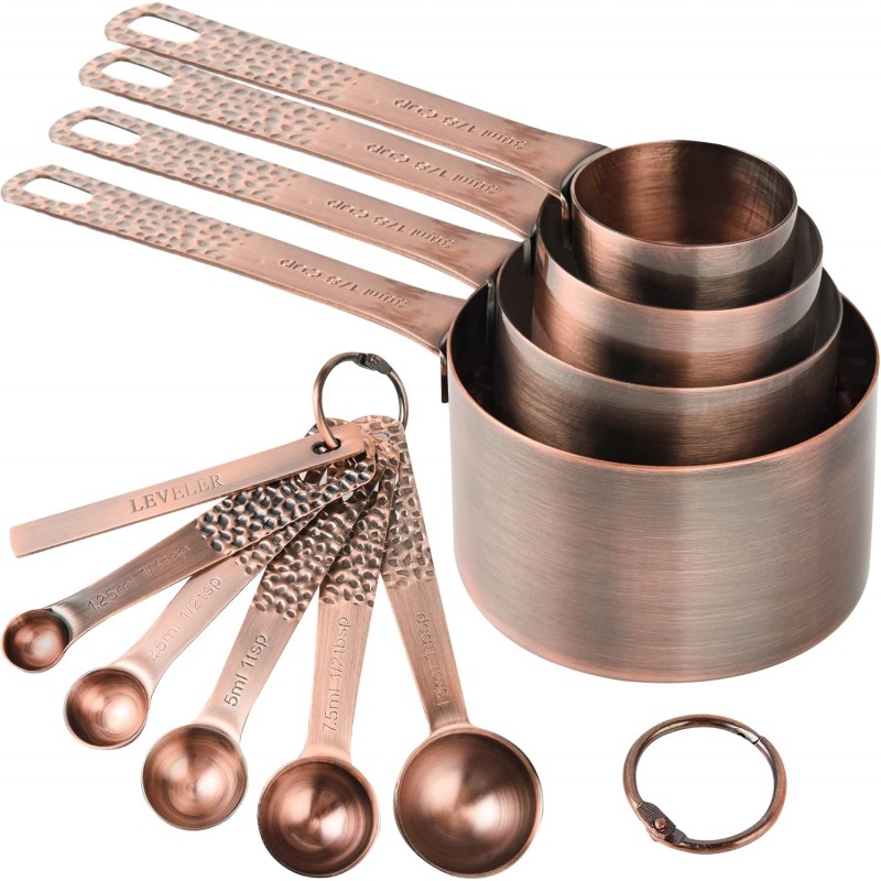 Smithcraft Copper Measuring Cups and Spoons Set 10, Metric & US Stainless Steel Measuring and Spoons Set for Baking & Kitchen, Nesting 4 Metal Measure Cups & 5 Spoons & Leveler for Dry & Liquid