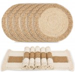 Handmade Boho Placemats Set of 6 - Natural Cotton Burlap and Water Straw Woven Combination Table Mats, Macrame Décor and Farmhouse Style Placemats, for Dining Table Kitchen