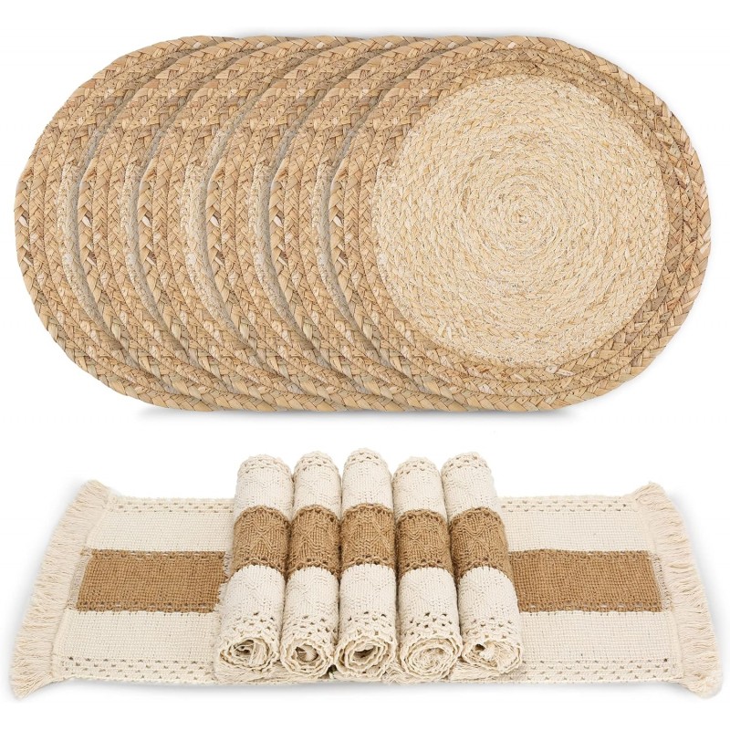 Handmade Boho Placemats Set of 6 - Natural Cotton Burlap and Water Straw Woven Combination Table Mats, Macrame Décor and Farmhouse Style Placemats, for Dining Table Kitchen