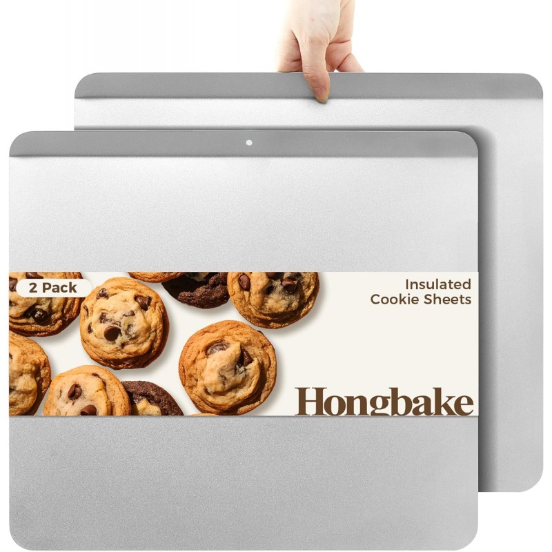HONGBAKE 2 Pieces Large Flat Cookie Sheet No Edges, Nonstick Insulated Baking Pan, Commercial Oven Trays for Cooking, 16