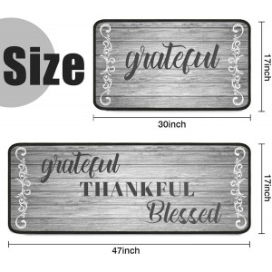 2Pcs Thankful Kitchen Rugs Set of 2 Grey Floor Mats for Cooking Non Slip Waterproof Standing Kitchen Runner Mats 17”x30”+17”x47”