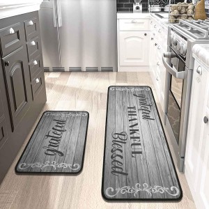 2Pcs Thankful Kitchen Rugs Set of 2 Grey Floor Mats for Cooking Non Slip Waterproof Standing Kitchen Runner Mats 17”x30”+17”x47”